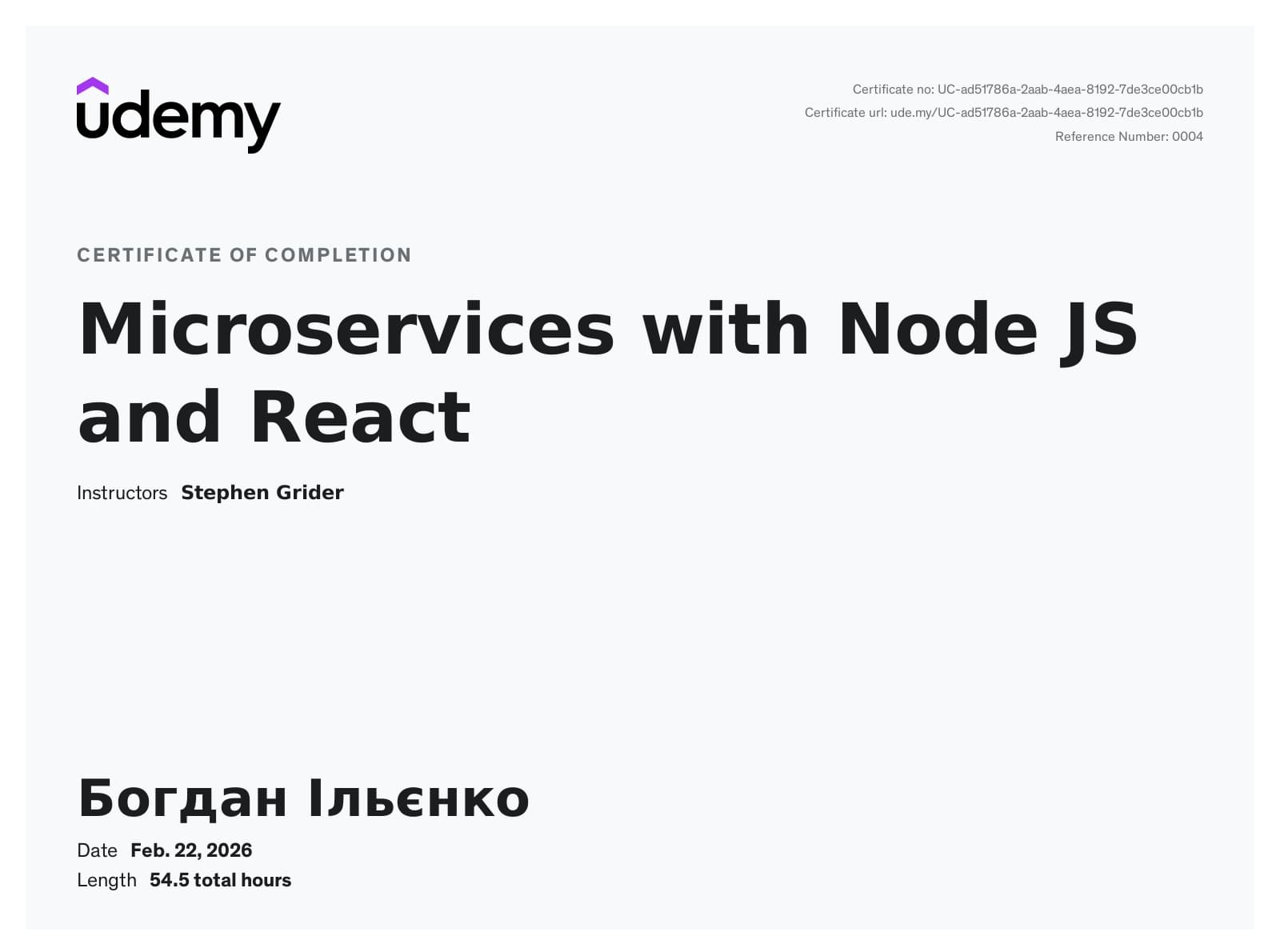 Udemy Course Certificate